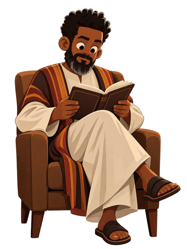 Talmid community reader enjoying a book in an armchair